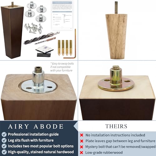 Airy Abode Premium Walnut Square Furniture Legs (Full Install Kit) - Pick Your Size and Color - color: Brown, size: 12 Inches