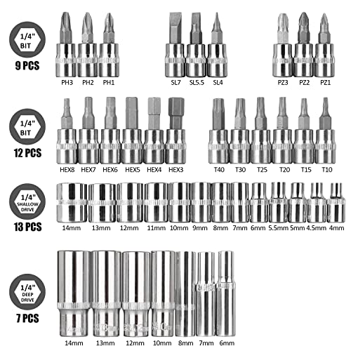 Egofine 53 Pieces 1/4 inch Drive Socket Ratchet Wrench Set with 72 Tooth Reversible Ratchet, with Bit Socket Set and Extension Bar for Auto Repairing and Household, with Storage Case