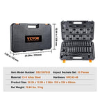 VEVOR Impact Socket Set 1/2" Drive, 33-Piece SAE (3/8 to 1 inch) & Metric (10 to 24 mm) Size, CR-V, 6 Point Standard Deep Socket Set with Extension Bar, Universal Joint, Adapter, Reducer - size: 1/2" 33 PCS