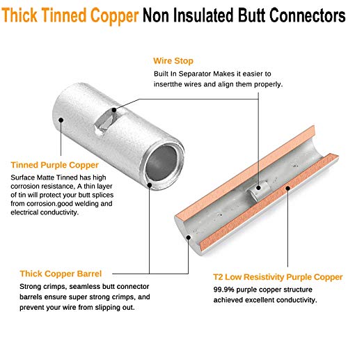 SVAAR 115 PCS 26-8 AWG Non-Insulated Butt Connectors Crimp Repair Butt Splices Kit, Uninsulated Butt Splice Connectors for 26 to 8 Gauge Wire, Marine Grade Tinned Copper Seamless Barrel Butt Terminals - color: Non-Insulated Splice - Tinned Copper