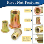 #10-24 Rivet Nut,125Pcs Zinc Plated Threaded Rivnuts Inserts - color: Yellow, size: SAE #10-24 - 125 Pcs