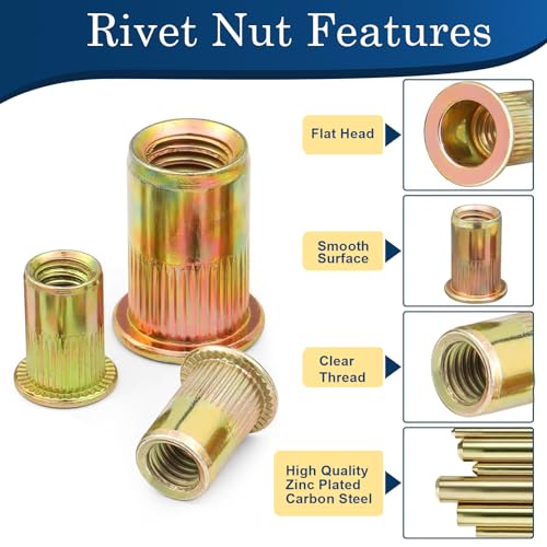 #10-24 Rivet Nut,125Pcs Zinc Plated Threaded Rivnuts Inserts - color: Yellow, size: SAE #10-24 - 125 Pcs