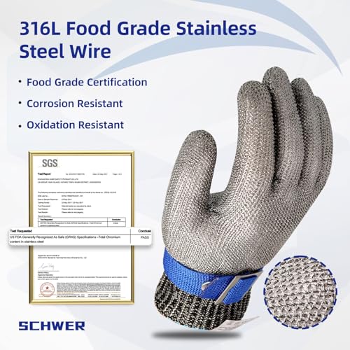 Schwer SlicePro ANSI A9 Cut Resistant Glove PR1706, Stainless Steel Mesh Metal Glove, Food Grade for Kitchen Cooking, Butcher Meat Cutting, Oyster Shucking, Mandoline, (L, 1 PCS) - size: Large (Pack of 1), style: 1.0 Steel Wire