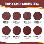 160 PCS 5 Inch Sanding Discs, 60 80 100 120 180 240 400 600 Grit