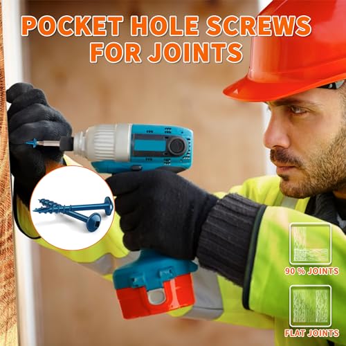 100 PCS #8 x 1-1/2" Blue Coated, Hardened Steel Pocket Hole Screws, No.8 x 1.5 Inch Square Drive Washer Head Wood Screw, 2 Inch & 6 Inch Bit Included, Partially Threaded Self Tapping by TPOHH - size: #8 X 1-1/2 inch