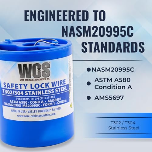 WCS .020 Stainless Steel Safety Lock Wire, T302/304, NASM20995C MS20995C, ASTM A580 Condition A, AMS569, Mechanics Wire for Aircraft, Automotive, & Industrial Use, 5lb Dispenser Can, Approx 4625 ft - size: .020 in, style: 5 lb