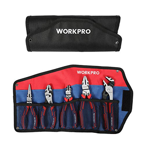 WORKPRO Pliers Set, 5-Piece Premium Cr-V Pliers Kit with Storage Pouch - size: 5-piece