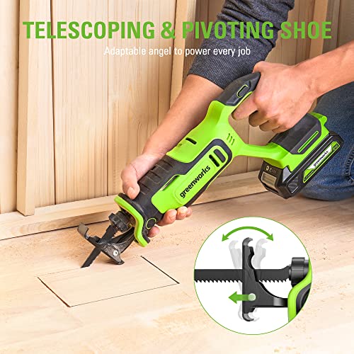 Greenworks 24V Brushless 1" Compact Reciprocating Saw (3,000 SPM), 2.0Ah Battery and Compact Charger Included - size: Brushless 1" Compact Recip Saw, style: 2.0Ah