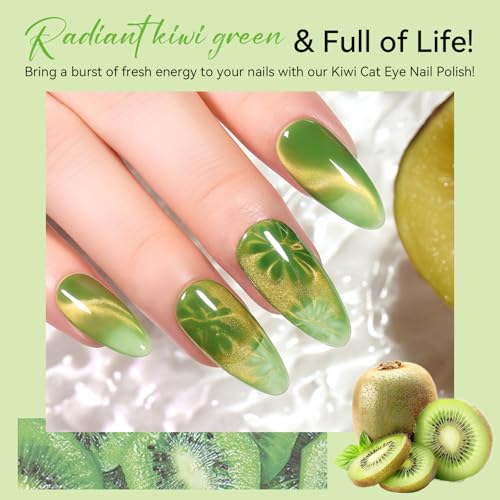 Makartt Cat Eye Gel Nail Polish - 10ml Premium Holographic Magnetic Gel with Magnet Stick, Shimmery Galaxy Effect, Long-Lasting Soak Off UV for Salon & Home DIY - Kiwi Green - color: Kiwi Fruit