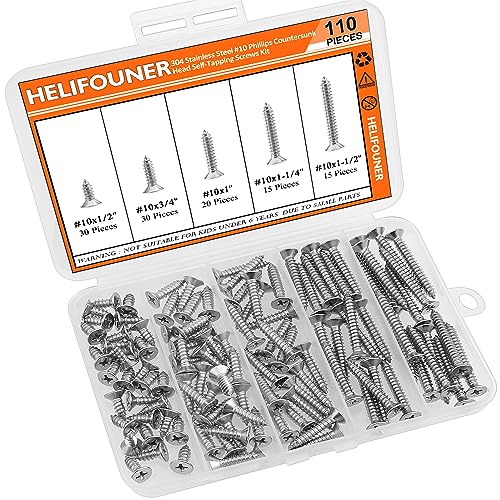 #10 x 1/2" 3/4" 1" 1-1/4" 1-1/2" Wood Screws Set, HELIFOUNER 110 Pieces Phillips Countersunk Head Self-Tapping Screws Assortment Kit, Phillips Flat Head Wood Screws, 304 Stainless Steel - size: #10