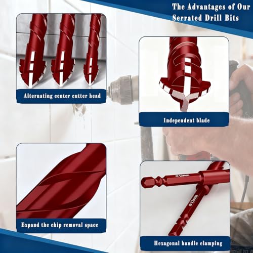 10pc Red 5/16” Serrated Eccentric Masonry Drill Bit, 8mm Serrated Concrete Drill Bit Set for Ceramic Tile Brick Glass Plastic Marble and Wood - size: 5/16 in