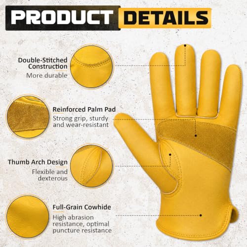 Cowhide Work Gloves Men & Women, Reinforced Palm, Puncture Resistanta - size: XX-Large