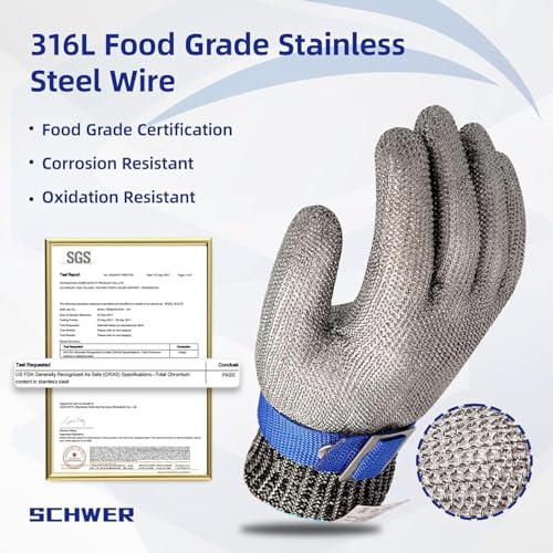 Schwer 10 PCS SlicePro ANSI A9 Cut Resistant Glove PR1706, Stainless Steel Mesh Metal Glove, Food Grade for Kitchen Cooking, Butcher Meat Cutting, Oyster Shucking, Mandoline, L - size: Large (Pack of 10), style: 1.0 Steel Wire