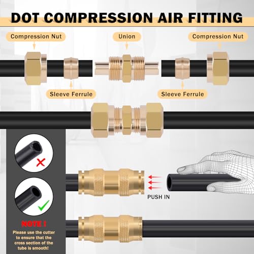 CheeMuii 80 PCS Brass DOT Air Line Fittings with 1/4" & 3/8" DOT Air Hoses - size: 2ROLL-84PCS