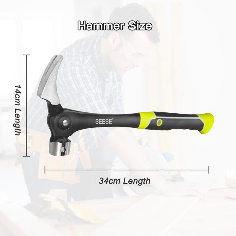 SEESE Adjustable Nail Puller Hammer: Magnetic Nail Starter, Anti-Slip Shock-Absorbing Handle - Claw Hammer for DIYers in Workshop, Construction & Remodeling
