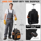 AUROPEAK Rolling Tool Backpack, 47 Pocket Heavy Duty Tool Bag with Wheels - size: 1.57" Wheel