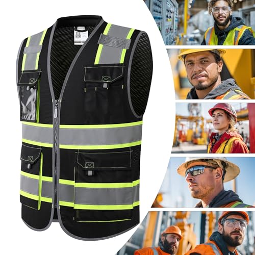 JKSafety Safety Vest for Men Women Hi Vis with Pockets and Cushioned Collar Construction Vest Meet ANSI Standard (BX360) - color: Black, size: X-Large