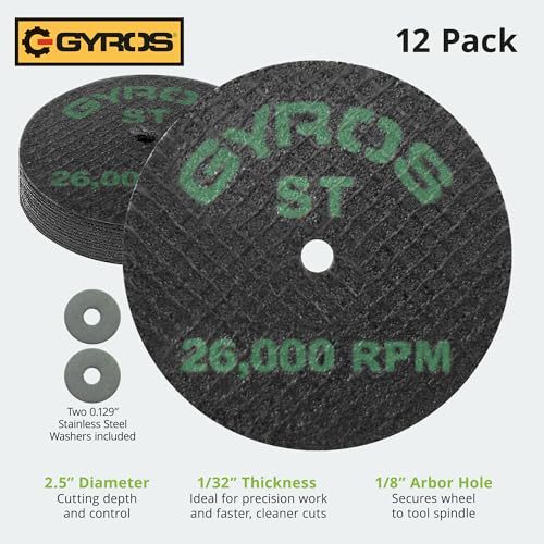 GYROS Cut-Off Wheels for Rotary Tools – 2.5” Super-Tensile Fiberglass Reinforced, 12-Pack | Cuts Stainless Steel, Titanium, Nickel, Carbon & Chrome Alloys | Made in USA 11-42502/12 - size: 2.5 inches (12 pcs)