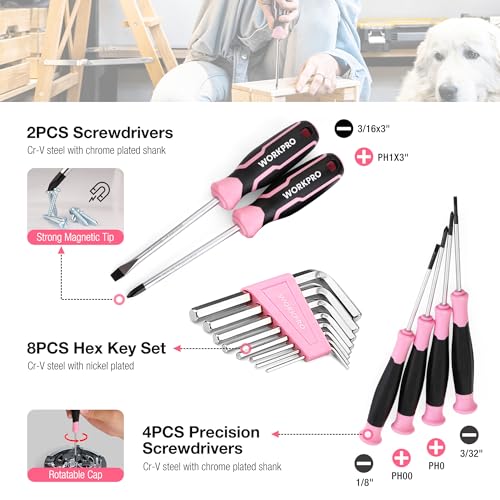 WORKPRO 258PCS Pink Tool Set, Portable Home Basic Tool Kit Box for Women