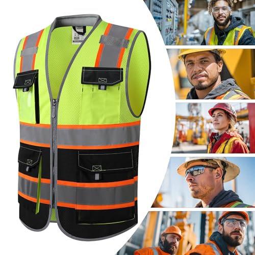 JKSafety Safety Vest for Men Women Hi Vis with Pockets and Cushioned Collar Construction Vest Meet ANSI Standard (BX360) - color: Yellowblack, size: 5X-Large