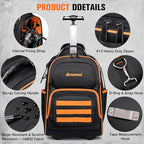 AUROPEAK Rolling Tool Backpack, 47 Pocket Heavy Duty Tool Bag with Wheels - size: 1.57" Wheel