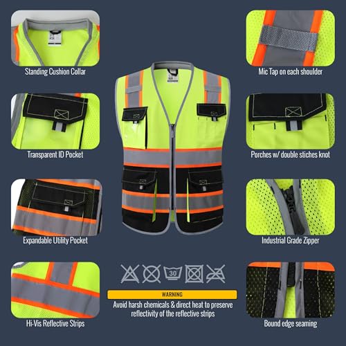JKSafety Safety Vest for Men Women Hi Vis with Pockets and Cushioned Collar Construction Vest Meet ANSI Standard (BX360) - color: Yellowblack, size: 5X-Large