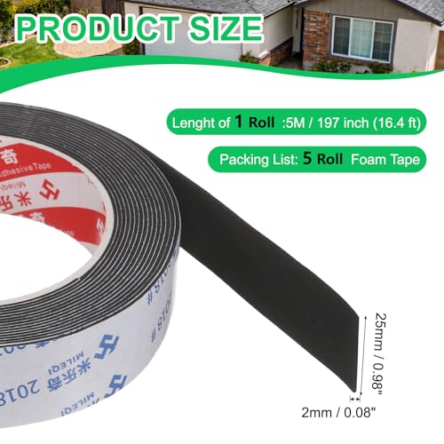 PATIKIL 5Roll Sponge Rubber Foam Tape, 63/64" W x 5/64" t x 16.4ft l Self-Adhesive Foam Insulation Tape Weather Stripping for Window Door Soundproofing Weatherstrip AC Seal Strip, Black - size: 63/64" x 5/64" x 16.4ft