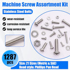 1287Pcs Nuts and Bolts Assortment Kit, 304 Stainless Steel Bolts Machine Screws Hardware Assortment Kit, Metric & SAE Phillips Pan Head Screws, Assorted Bolts, Nuts and Washers Kit - size: 1287PCS