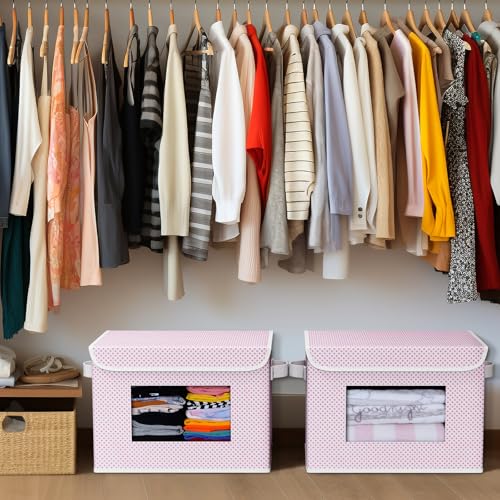 Univivi Fabric Foldable Storage Boxes with Lids, 4 Pack, Pink - color: Pink Polka Dot