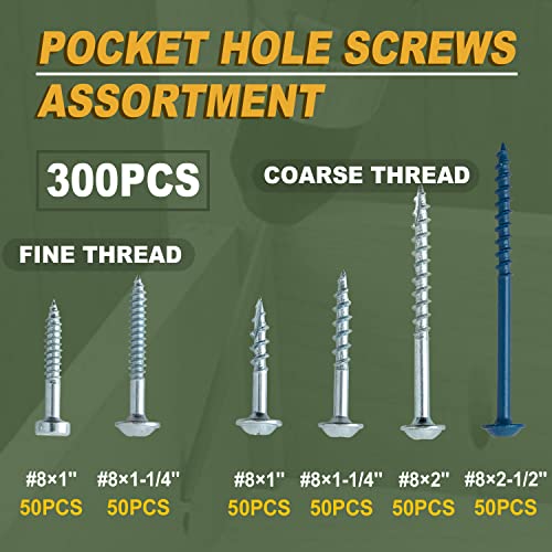 LIONMAX Pocket Hole Screws Assortment Kit 300PCS, Coarse&Fine Thread 6 Size - size: Coarse Thread + Fine Thread (300pcs)
