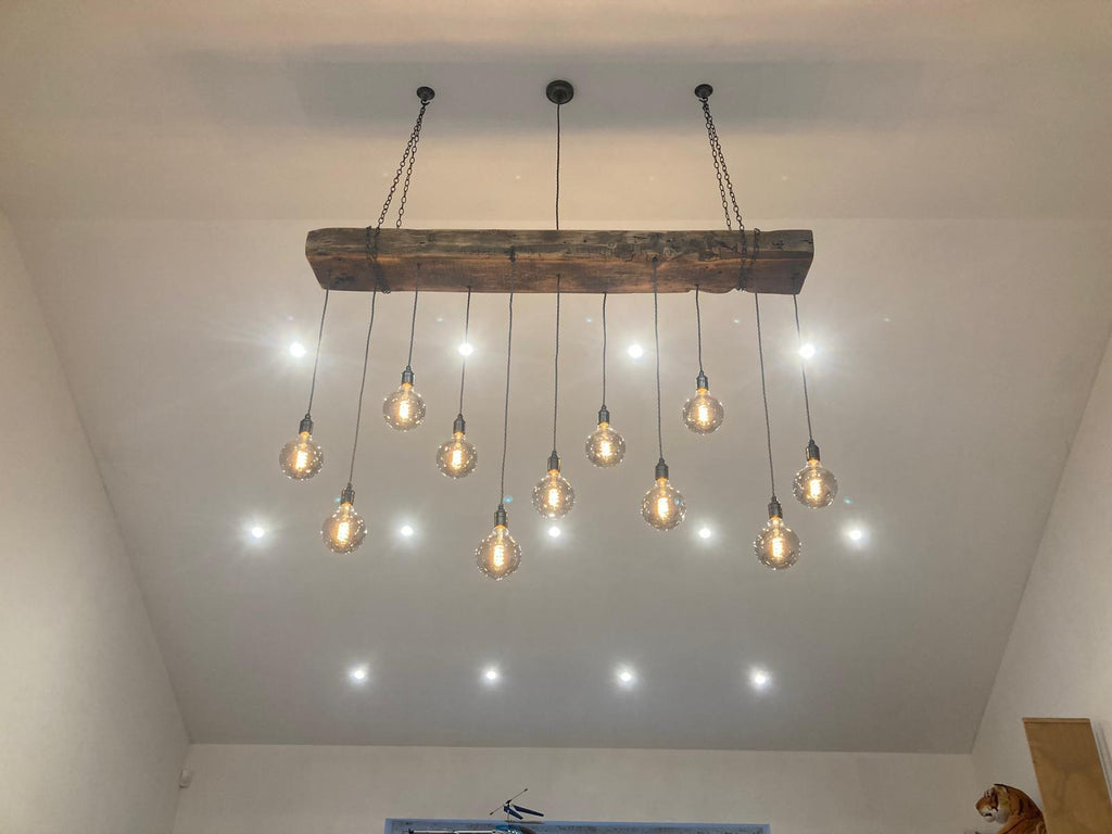 Chunky Wooden Beam Chandelier | Large Kitchen Island & Dining Lighting UK