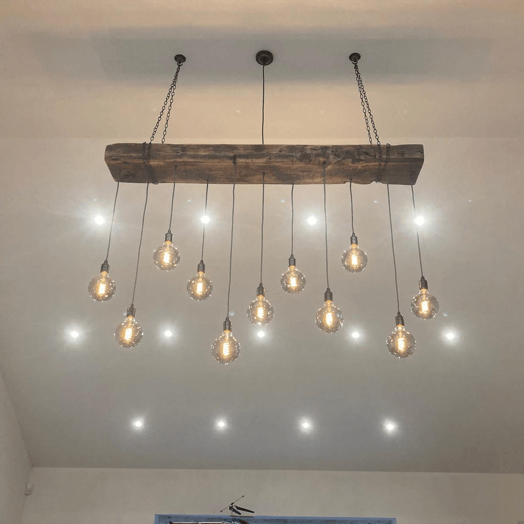 Chunky Wooden Beam Chandelier | Large Kitchen Island & Dining Lighting UK