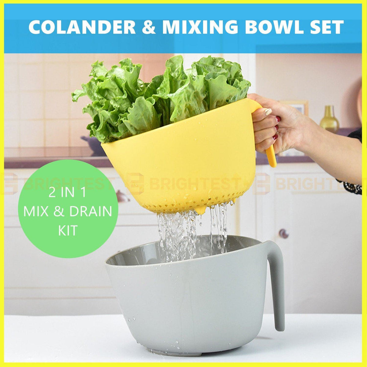 2pc Colander and Mixing Bowl Set Large Kitchen Strainer Jug Salad Bowl Handle
