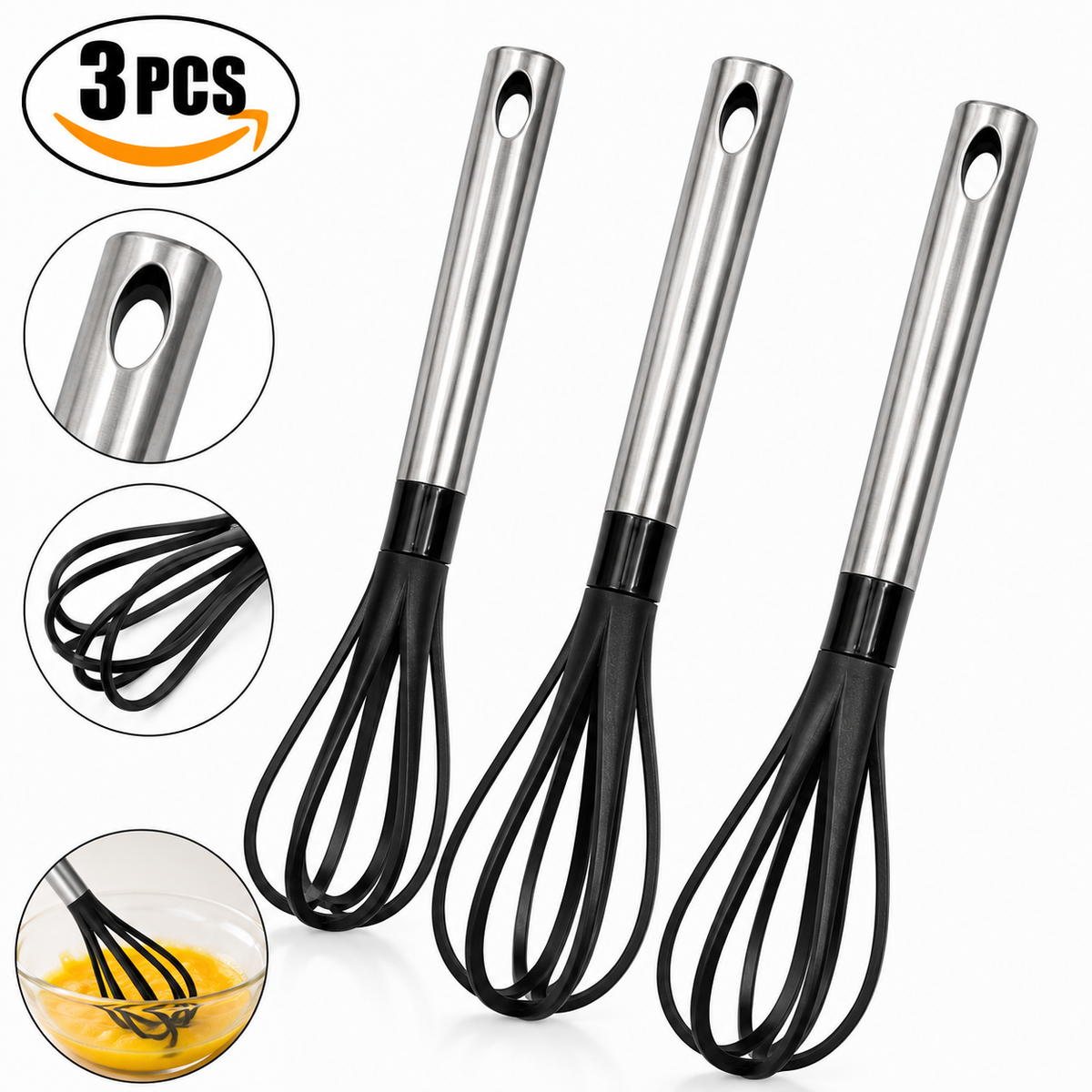 3PCS Nylon Whisk Set Kitchen Egg Beater Non-Stick Stainless Steel Handle Mixing Whisk