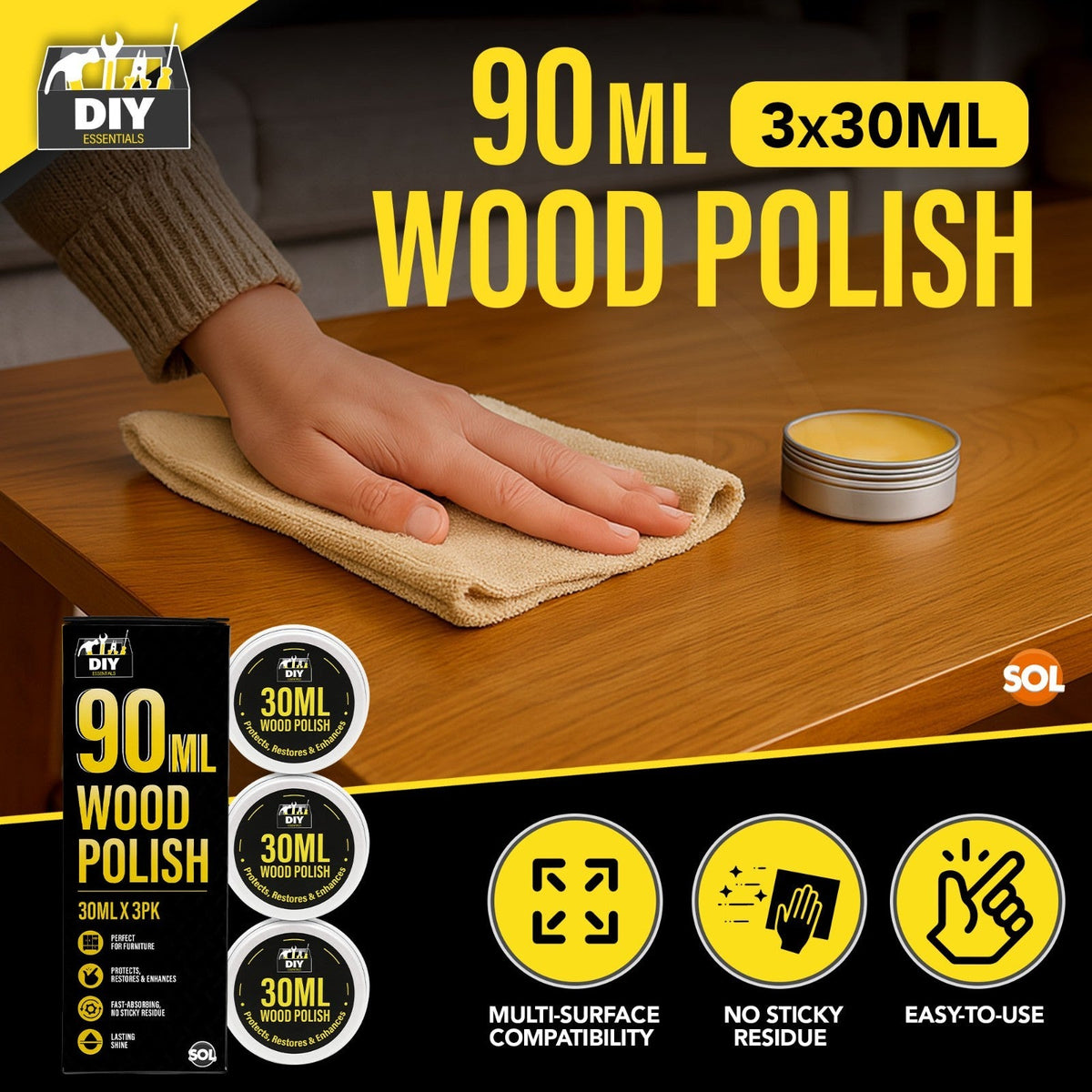 Wood Polish Furniture Wax 90ml | Protective Shine for Tables & Cabinets | 3 Pack