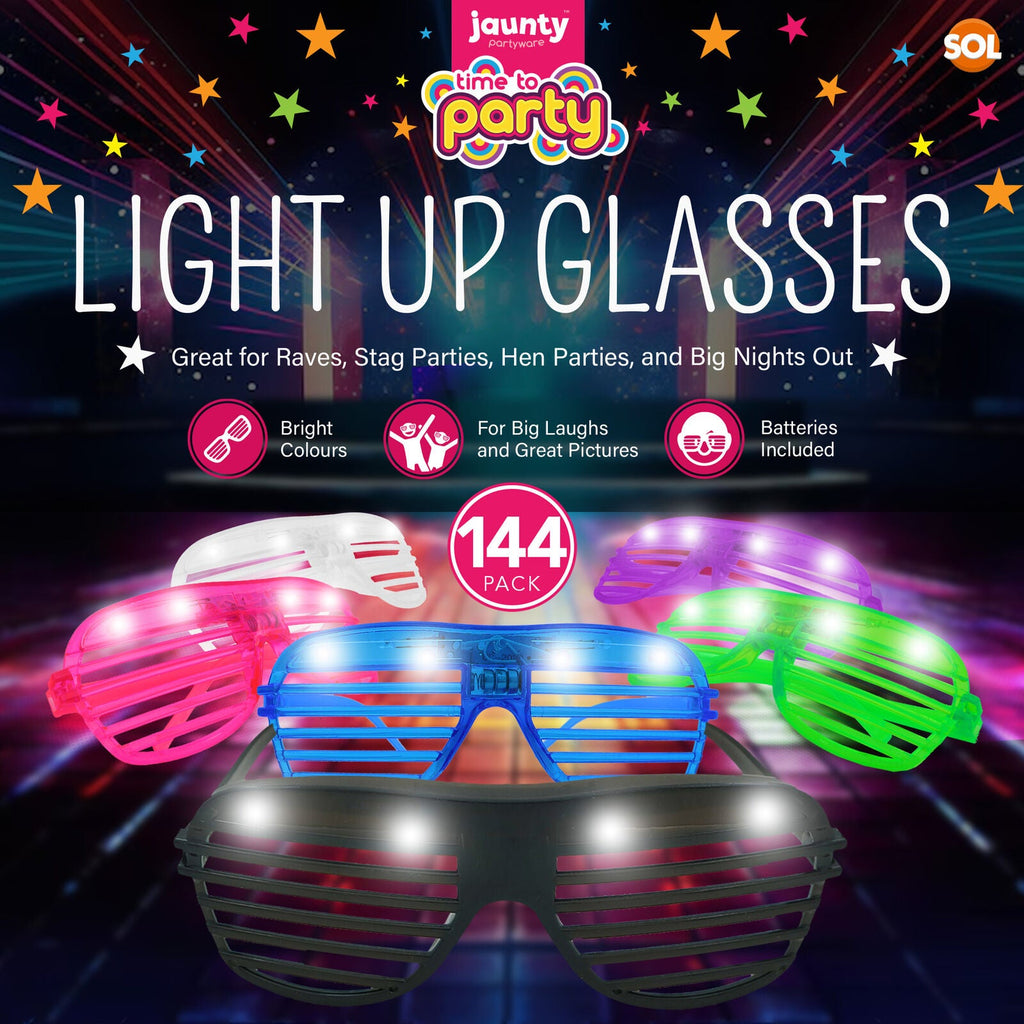 Jaunty 144pk Party Glasses for Adults Flashing Neon Rave Accessories - Light Up Glasses for Adults - Multicolour LED Glow for Kids Birthdays, Festivals, Dance Events, Fancy Disco Celebration Parties