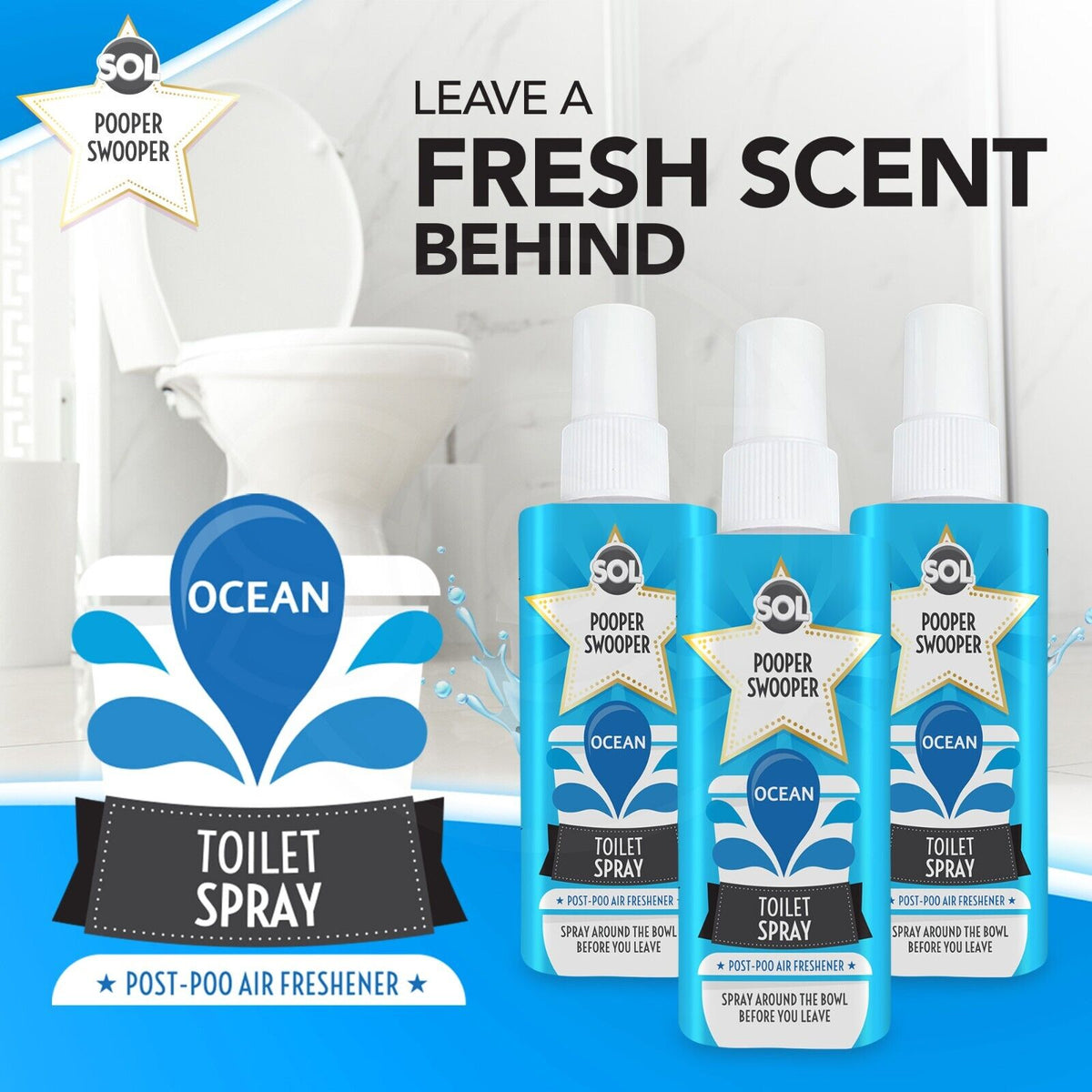 Pooper Star Toilet Spray | Ocean Scent Air Freshener | 3 Pack