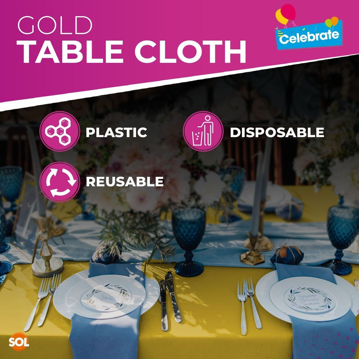 Gold Plastic Table Covers Square | Disposable Wipe Clean | 6 Pack