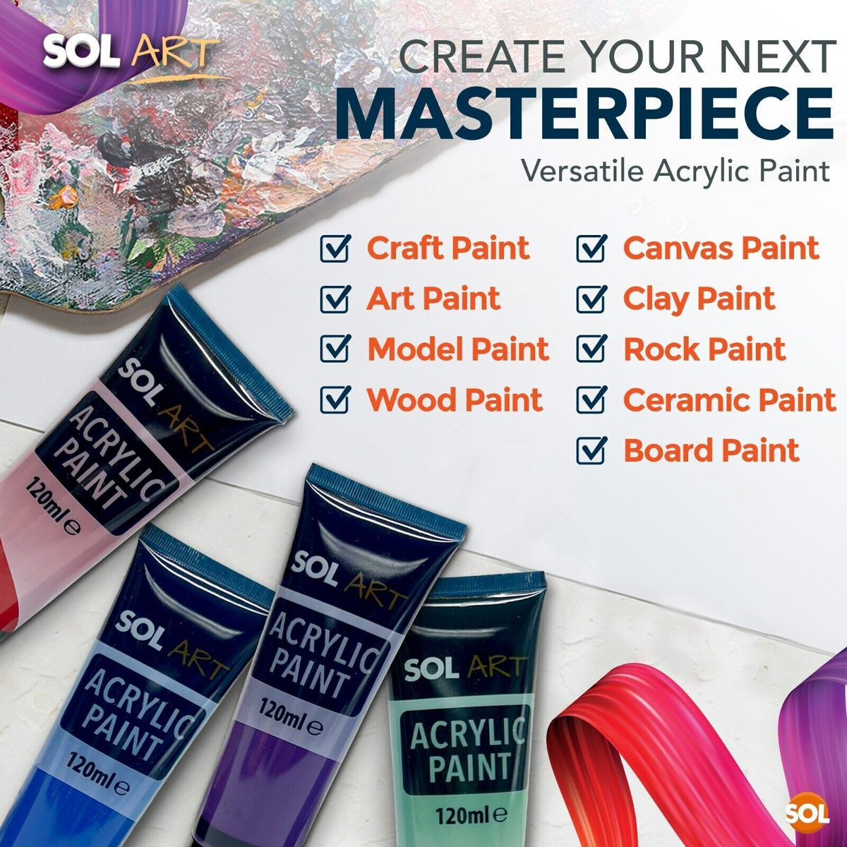 Acrylic Paint Tubes 120ml + Brushes | Assorted Colours | 16 Pack