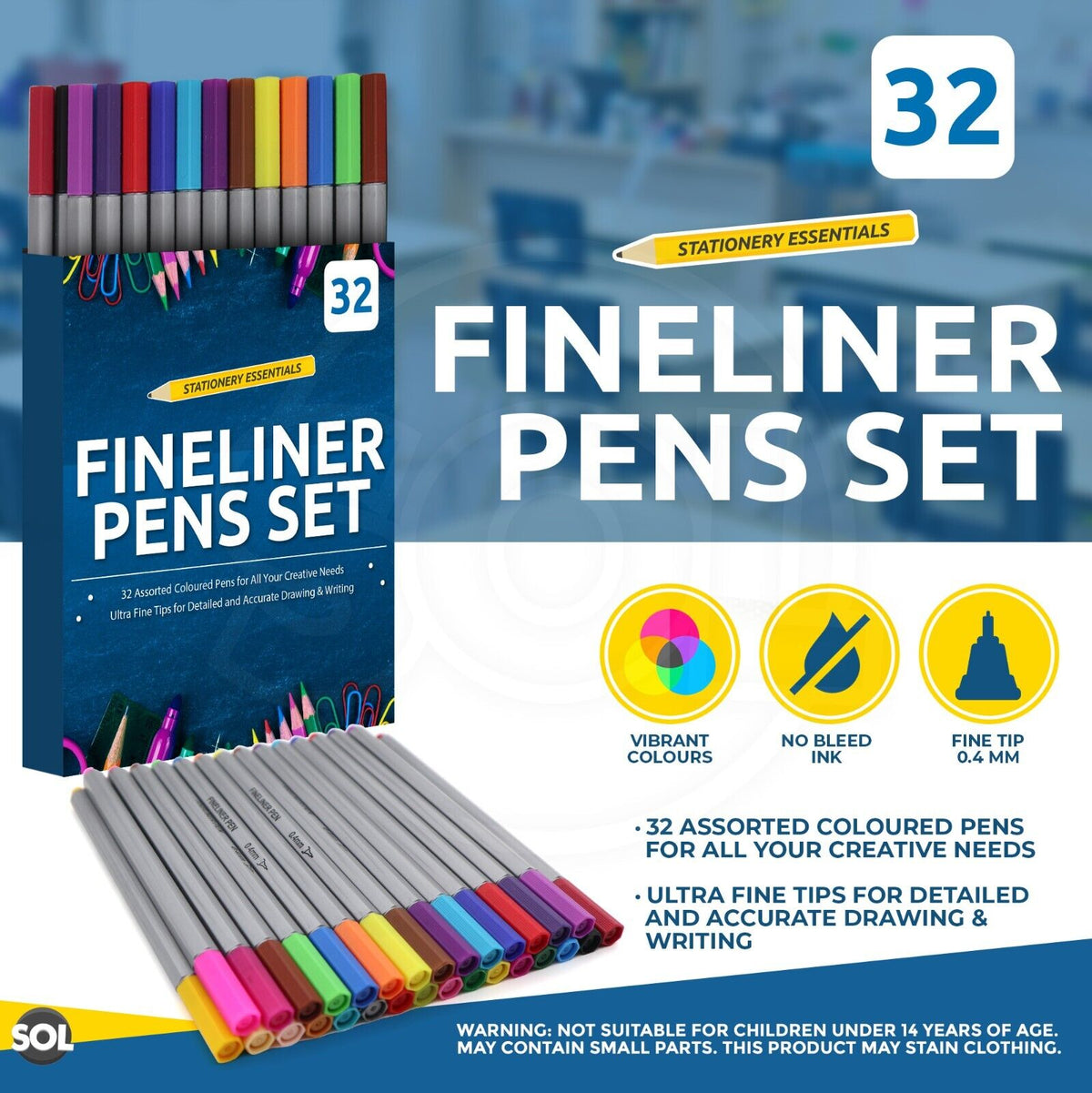 Coloured Fine Liner Pens Set 32pc 0.4mm Art Colouring Pack