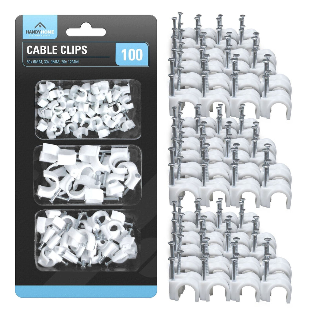 SOL 100pk Cable Clips 6mm,9mm, 12mm Wire Holders for Cables Cord Organisers Wall Mount Fixings Plastic Fasteners for Home Office Desk Television Computer Wiring Management Tidy Installation DIY Use