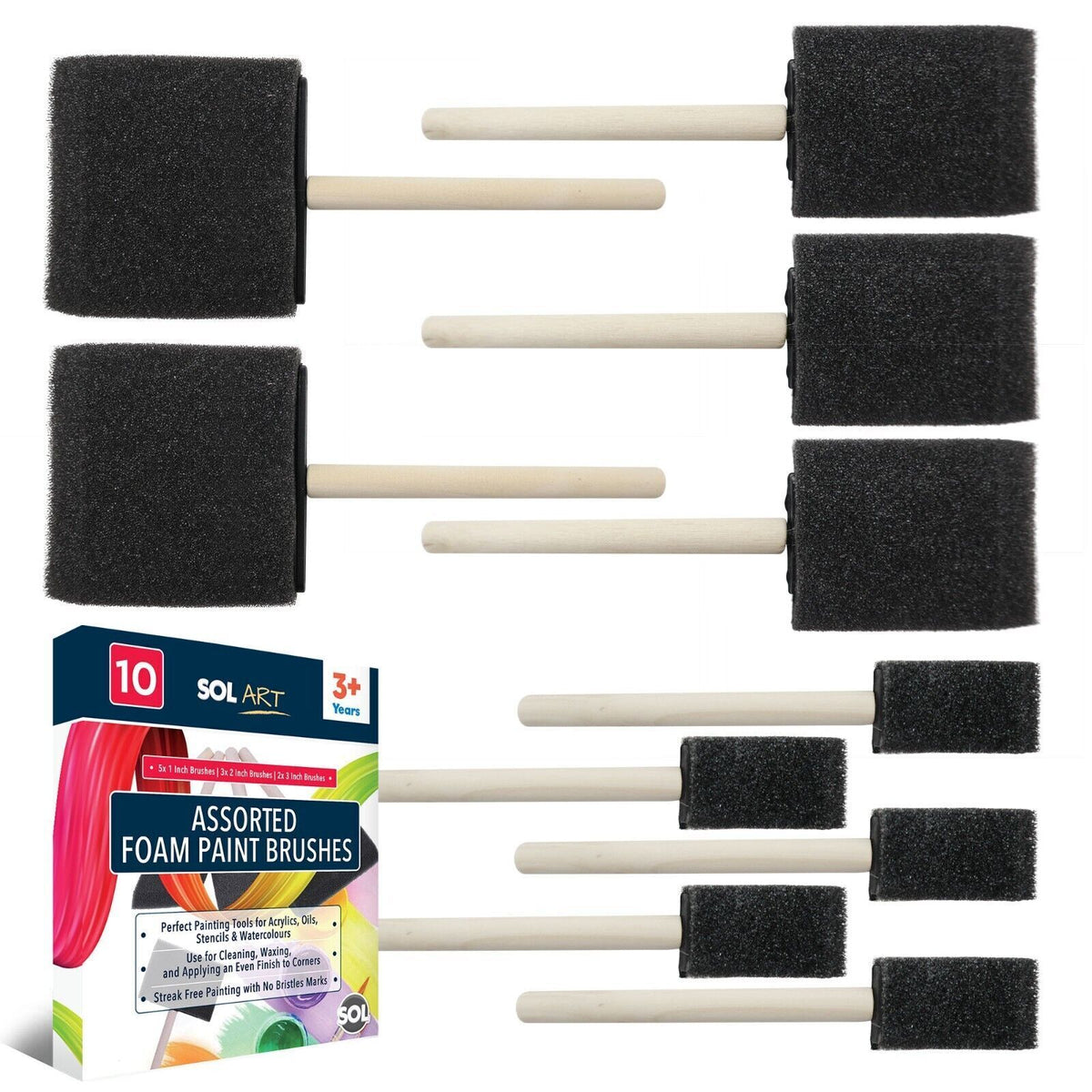 Foam Paint Brushes Assorted Sizes 1" 2" 3" | Craft & DIY | 10 Pack