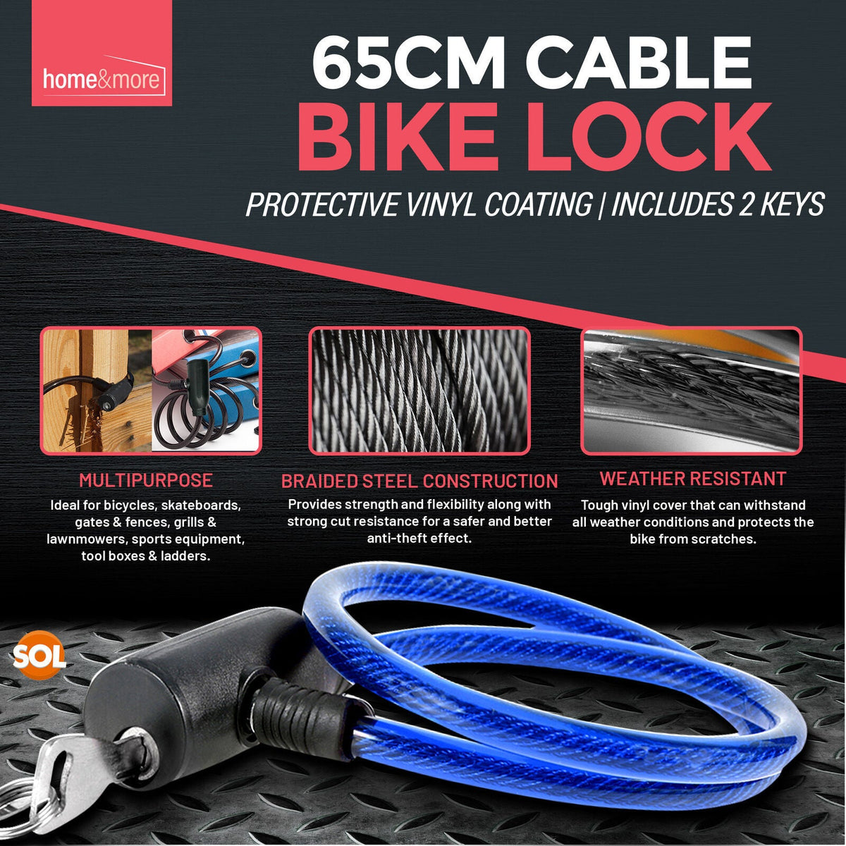 Bike Lock Cable with Keys 650mm | Steel Bicycle Security | 2 Pack