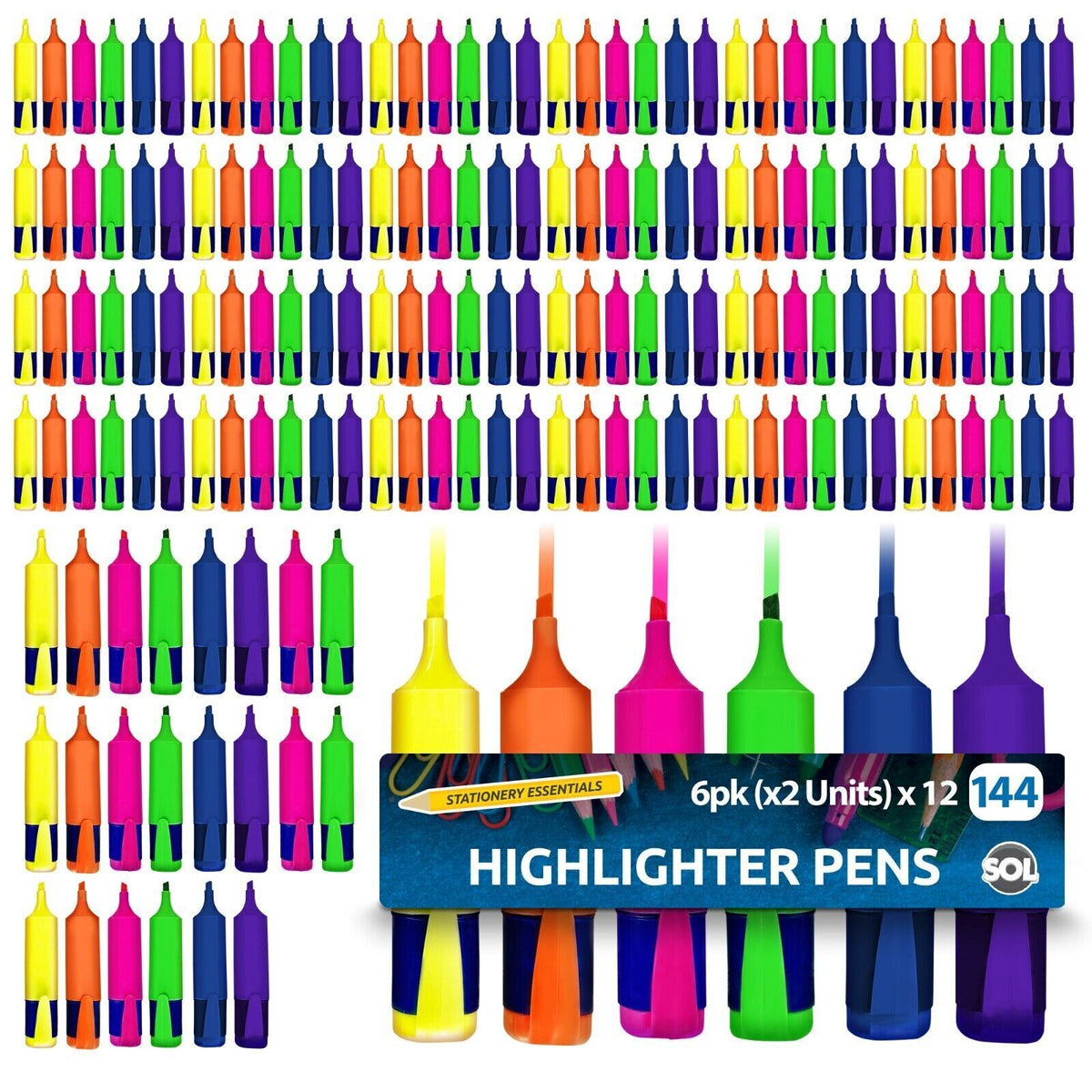 Assorted Highlighter Pens | Fluorescent Colour Markers | 144 Pack