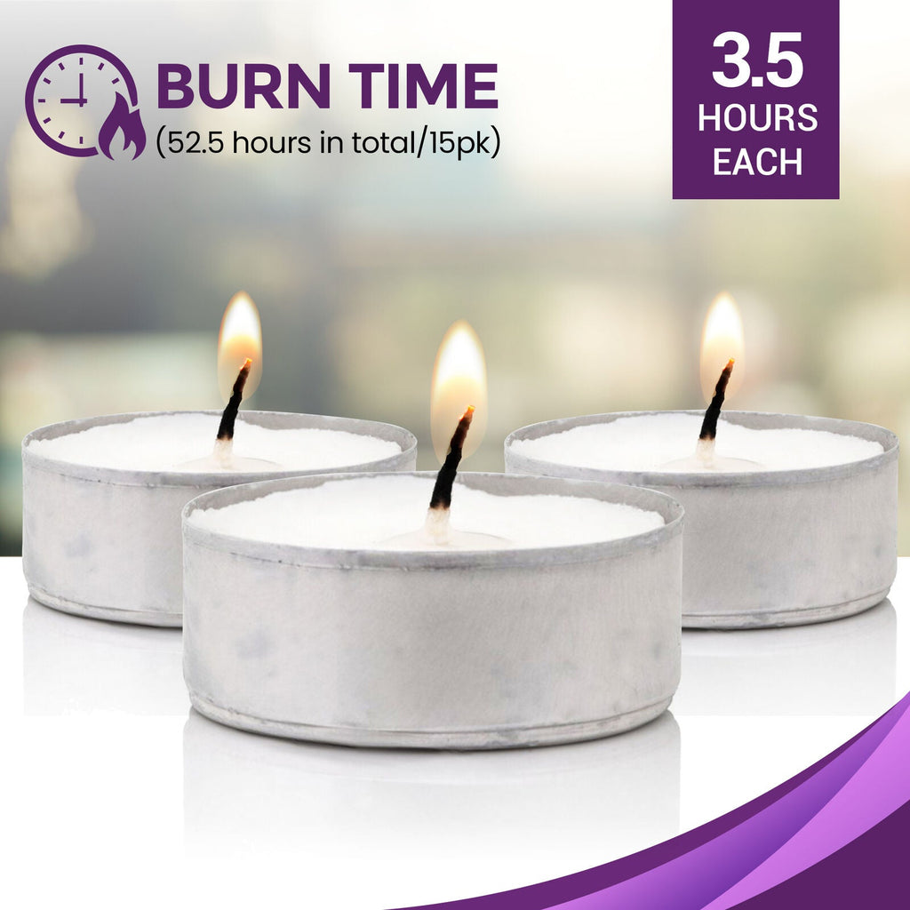 Tea Lights White Unscented Candles 3.5 Hour Burn Time | 15 Pack