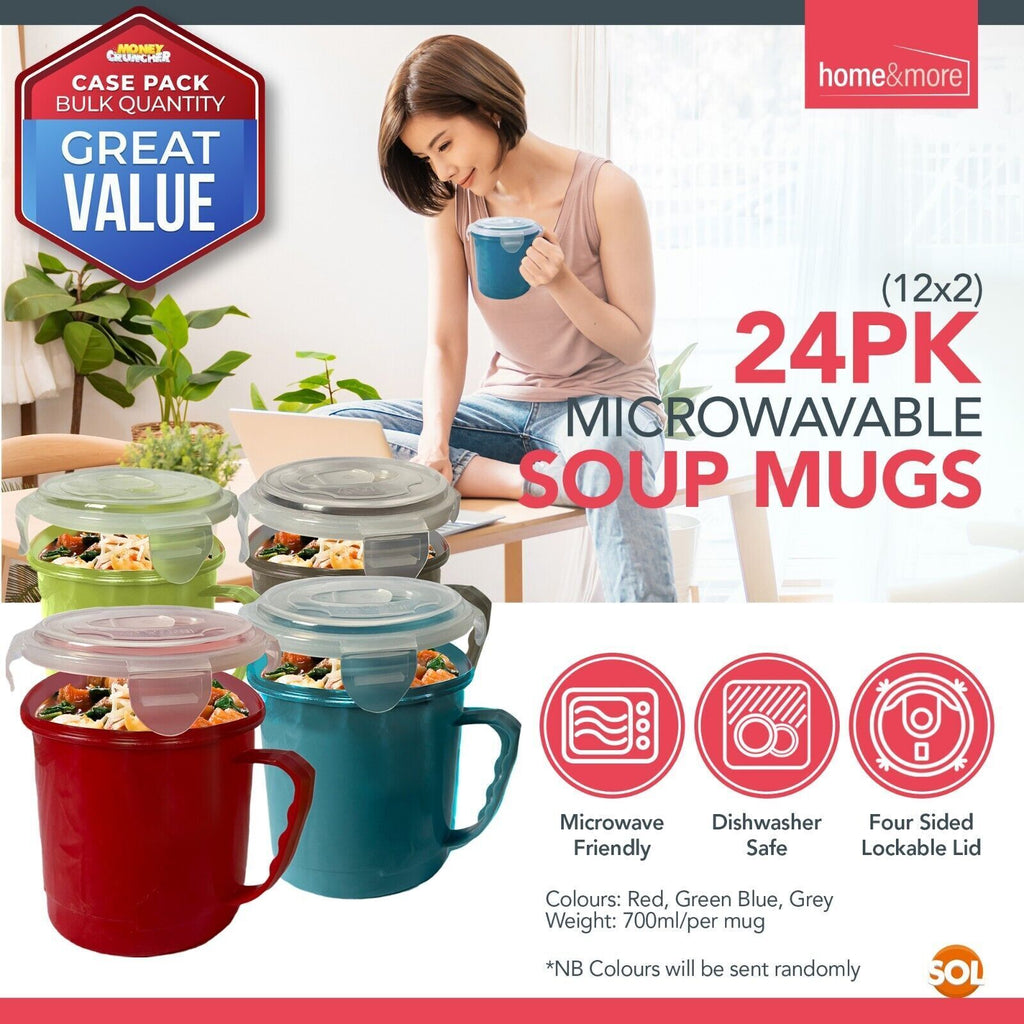 Microwave Soup Mug 700ml | Airtight Porridge Bowl Cup | 24 Pack