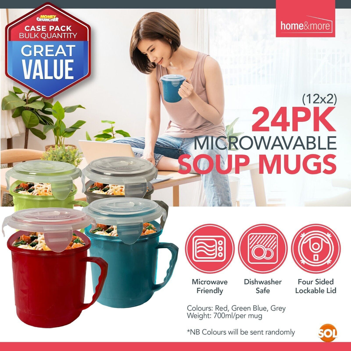 Microwave Soup Mug 700ml | Airtight Porridge Bowl Cup | 24 Pack