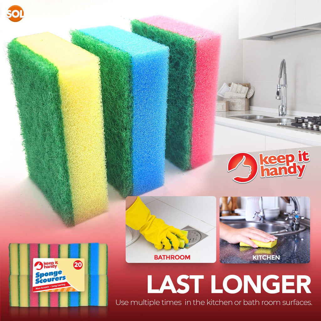 SOL 20pk Small Sponge Scourers for Kitchen - Blue, Pink, Yellow Washing Up Sponges, Durable and Effective for Cleaning, Dishwashing, and Bathroom Surfaces, Perfect for Daily Use in Kitchen and Home