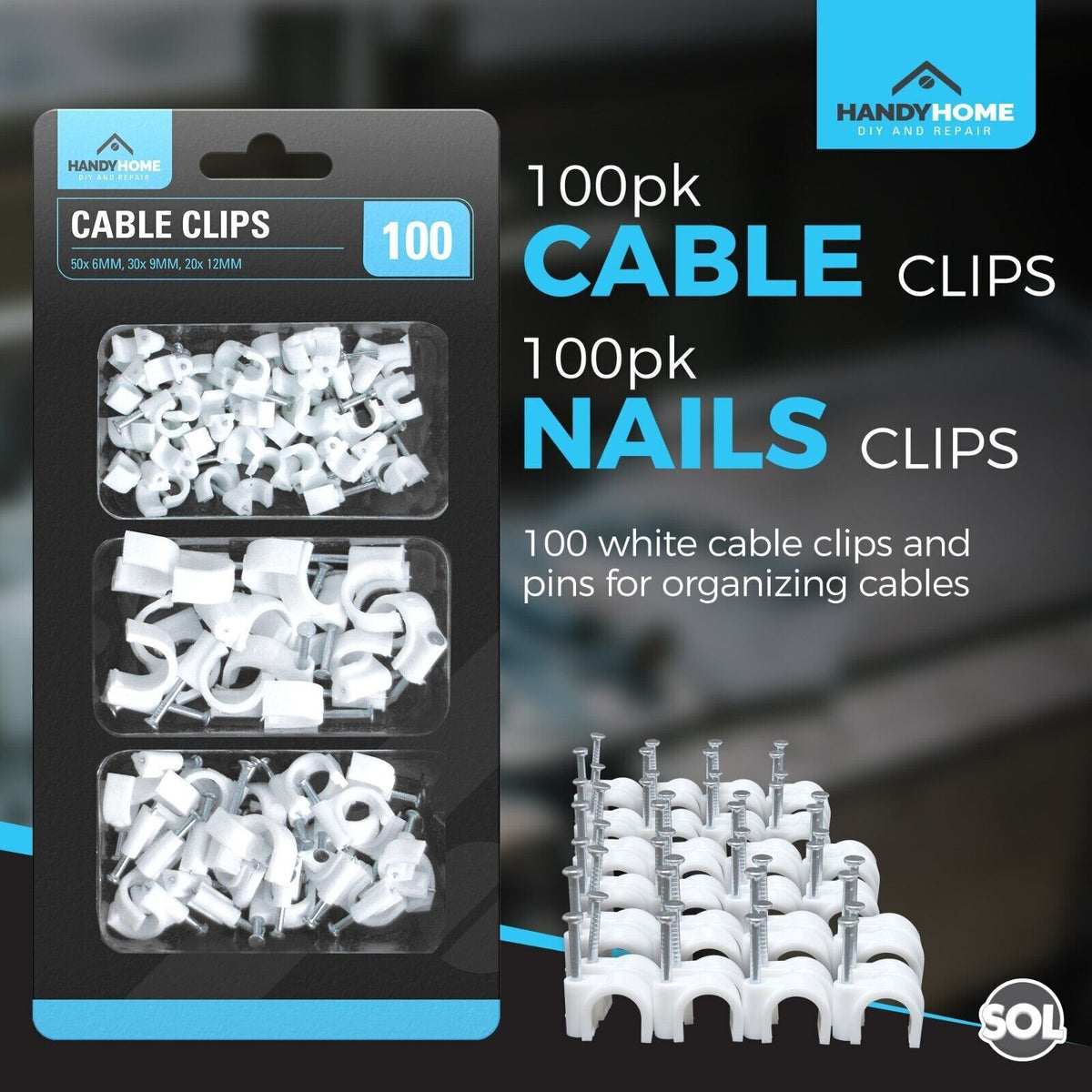 SOL 100pk Cable Clips 6mm,9mm, 12mm Wire Holders for Cables Cord Organisers Wall Mount Fixings Plastic Fasteners for Home Office Desk Television Computer Wiring Management Tidy Installation DIY Use