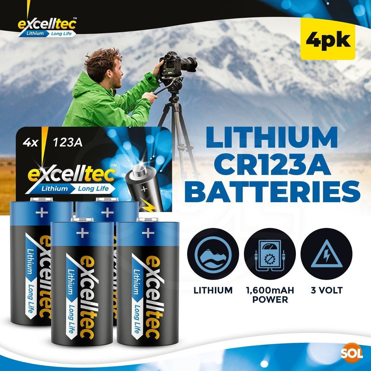 CR123A 3V Lithium Battery | High Capacity Camera Batteries | 4 Pack